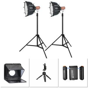 PDX KY-BKO323 İkili Led Işık, Lensgo TC7 Prompter, Lensgo 318C Mini Mikrofon ve Tripod Kit