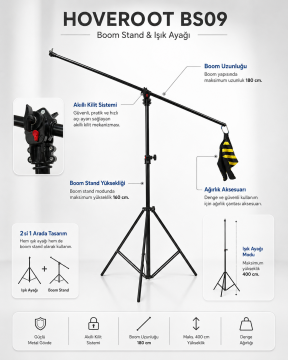 Hoveroot BS09 Boom Stand – Profesyonel Işık Ayağı ve Boom Stand