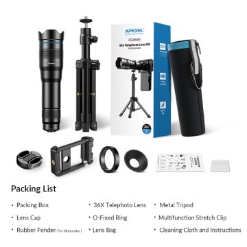 Apexel 36X Telefoto Akıllı Telefon Lens Kiti
