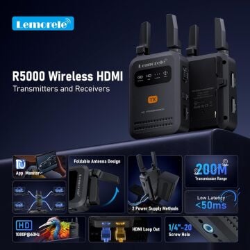 Lemorele R5000 Wireless Video Transmission  200 Metre Kablosuz HDMI Video Aktarım Kiti (1080p 60Hz, 5GHz, Dual Anten)