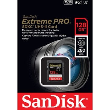 SanDisk 128GB Extreme PRO UHS-II SDXC V90 – 300MB/s Profesyonel Hafıza Kartı | 4K & 8K Video Performansı