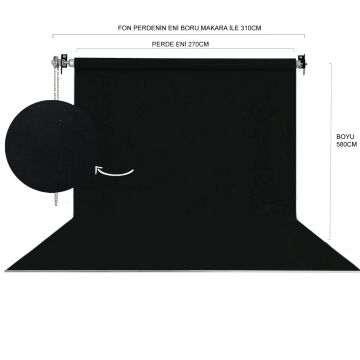 Stüdyo Teknik 270cm x 580cm Sonsuz Siyah Fon Perdesi Seti ( Boru Makara Zincir Dahil )