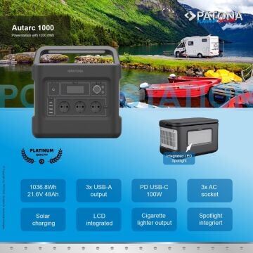 Patona 9989 Platinum Taşınabilir Güç İstasyonu 1000Wh 1000W/230V USB5V/2.4A DC12V/10A