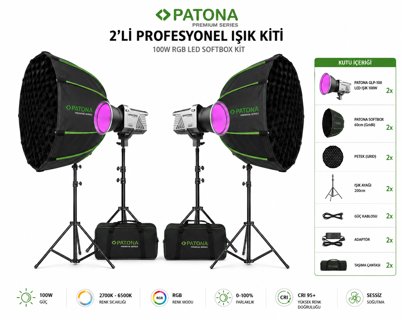 Patona 2’li Profesyonel Işık Kiti ( 100w RGB Led Işık )