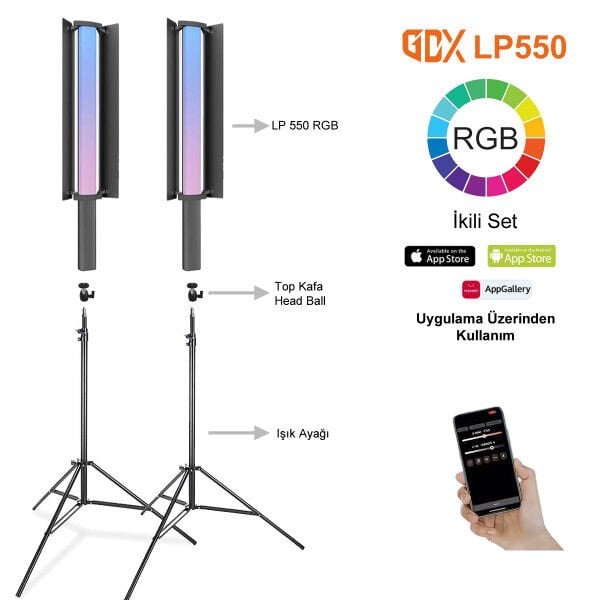 Gdx LP550 RGB Fotoğrafçılık ve Video için Renkli Işık Çubuğu İkili Set