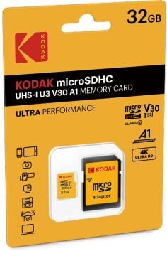 KODAK 32GB UHS-I U3/V30/A1 Micro SD Hafıza Kartı + Adaptör (Sarı)
