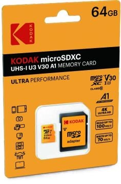 Kodak 64GB UHS-I U3/V30/A1 Micro SD Hafıza Kartı + Adaptör (Sarı)