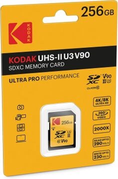 Kodak 256GB UHS-II U3 V90 SD Hafıza Kartı (280MB/s - 240MB/s)