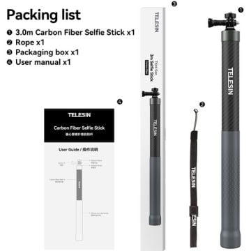 Telesin Aksiyon Kamera ve Akıllı Telefonlar için 3 Metre Carbon Fiber Selfie Stick