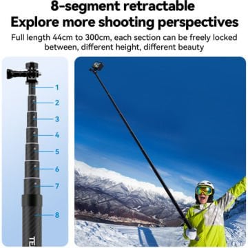 Telesin Aksiyon Kamera ve Akıllı Telefonlar için 3 Metre Carbon Fiber Selfie Stick
