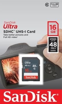 Sandisk 16GB Ultra SDHC 48MB/s Class 10 UHS-I Hafıza Kartı