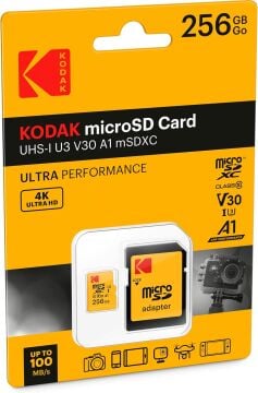 Kodak 256GB UHS-I U3/V30/A1 Yellow Micro SD + Adaptör