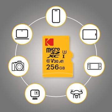 Kodak 256GB UHS-I U3/V30/A1 Yellow Micro SD + Adaptör