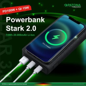 Patona 9987 Premium Powerbank Stark 2.0 PD100W 20000mAh, QI wireless charging, 2xUSB-C 1xUSB-A connector