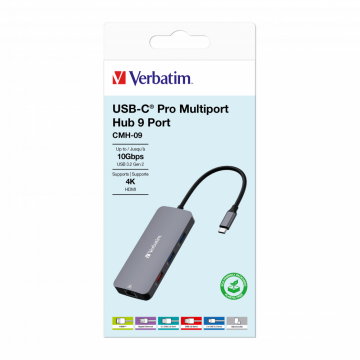 Verbatim 9 Port Usb C Bağlantılı Çoklayıcı Hub 1 x HDMI, 1 x RJ45, 2 x USB-C 3.2 Gen2, 1 x Usb-A 3.2 Gen2, 2 x USB-A 3.2 Gen1,