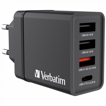 Verbatim 30W 4 Bağlantılı Usb Şarj Cihazı Siyah  1x Usb-C® PD 20W / 1 x Usb-A QC 3.0 / 2 x Usb-A 10W (AB)-(49700)