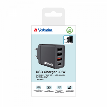 Verbatim 30W 4 Bağlantılı Usb Şarj Cihazı Siyah  1x Usb-C® PD 20W / 1 x Usb-A QC 3.0 / 2 x Usb-A 10W (AB)-(49700)