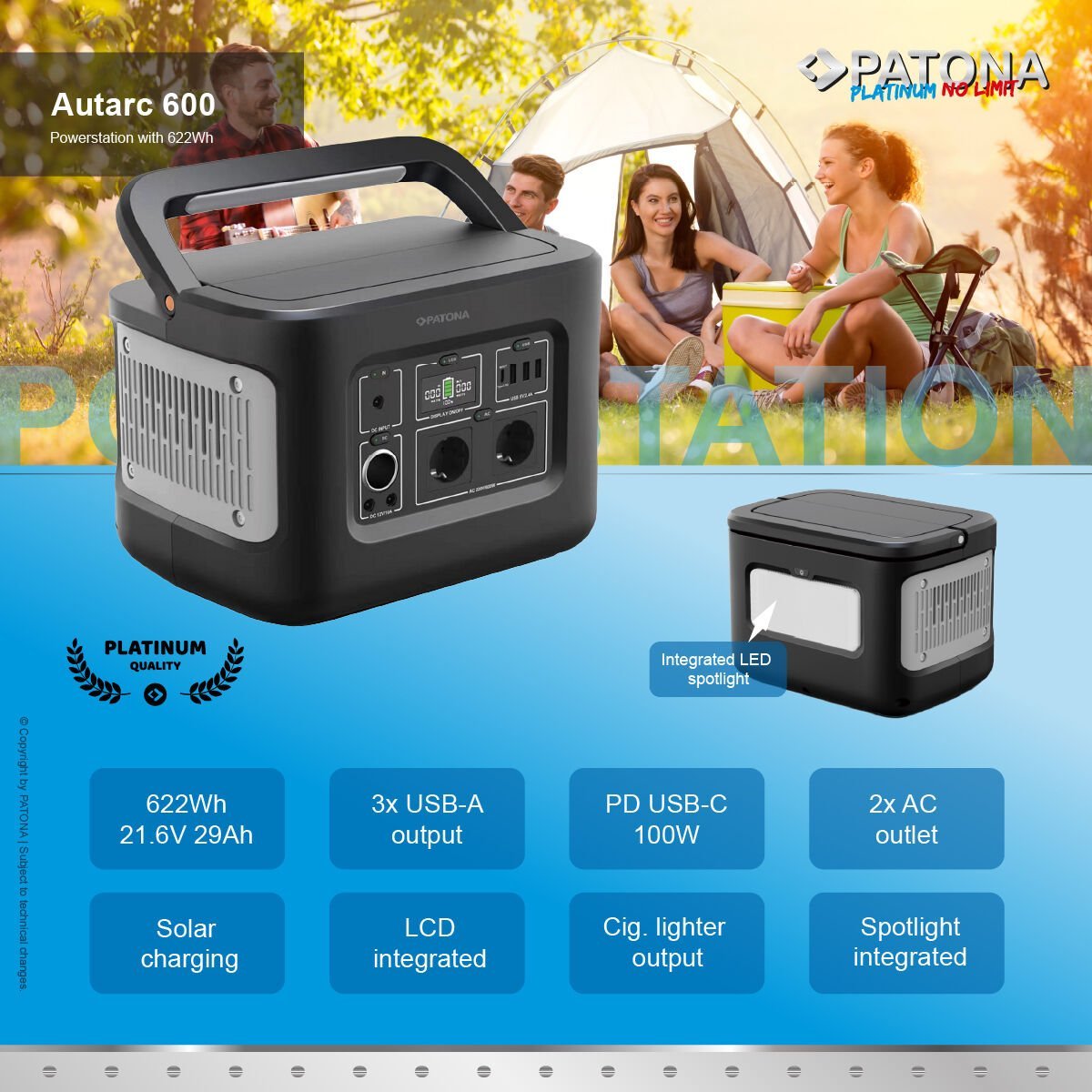 Patona 9982 Platinum Portable Powerstation 600Wh 600W/230V USB5V/2.4A DC12V/10A ((Premium GaN PD65W Adapter Hediye )