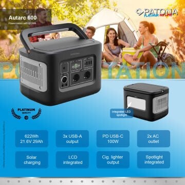 Patona 9982 Platinum Portable Powerstation 600Wh 600W/230V USB5V/2.4A DC12V/10A ((Premium GaN PD65W Adapter Hediye )