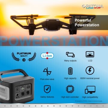 Patona 9982 Platinum Portable Powerstation 600Wh 600W/230V USB5V/2.4A DC12V/10A ((Premium GaN PD65W Adapter Hediye )