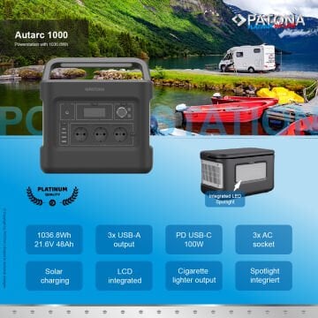 Patona 9989 Platinum Powerstation Autarc 1000 / 1000W 1000Wh PD100W USB5V/2.4A DC12V/10A DC5525