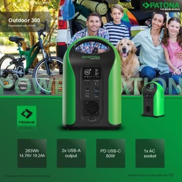 Patona 9990 Premium Powerstation Outdoor 300 / 300W 283Wh PD60W USB5V/3A DC12V/5A DC5525 (Premium GaN PD65W Adapter hediye )