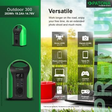 Patona 9990 Premium Powerstation Outdoor 300 / 300W 283Wh PD60W USB5V/3A DC12V/5A DC5525 (Premium GaN PD65W Adapter hediye )