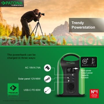 Patona 9990 Premium Powerstation Outdoor 300 / 300W 283Wh PD60W USB5V/3A DC12V/5A DC5525 (Premium GaN PD65W Adapter hediye )