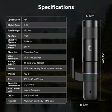 Apexel VisionMax Hepsi Bir Arada Taşınabilir Akıllı Dijital Telefoto Lens