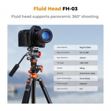 K&F Concept T254A7 + FH-03 Monopod Özellikli Foto ve Video Tripod