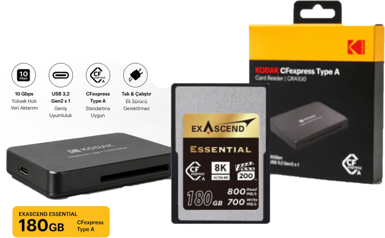 Exascend Essential 180GB CF Express Type A + Kodak CFexpress Type A Kart Okuyucu | Profesyonel Performans Seti