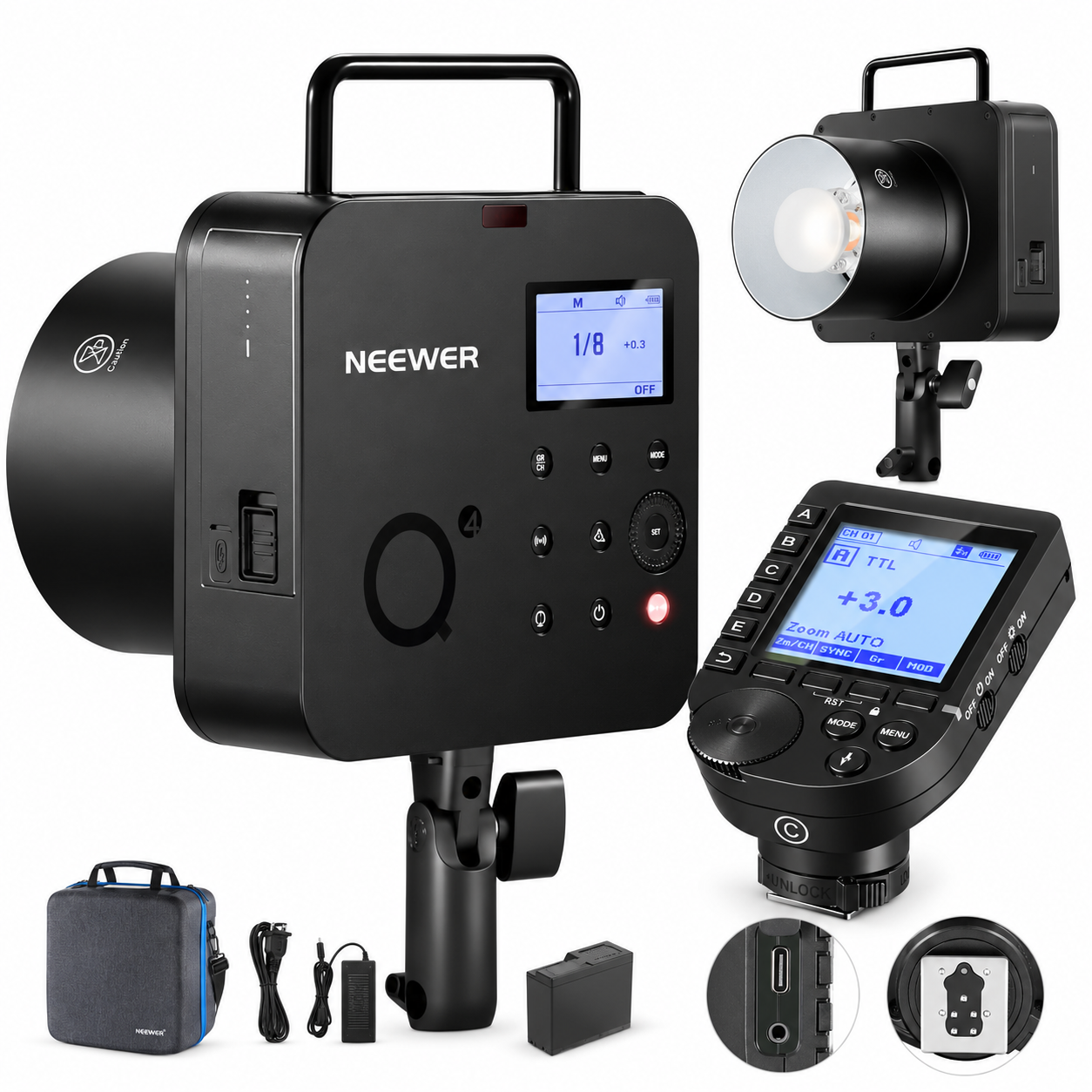 Neewer Q4 400W Akülü Flaş + QPRO-C Canon Tetikleyici