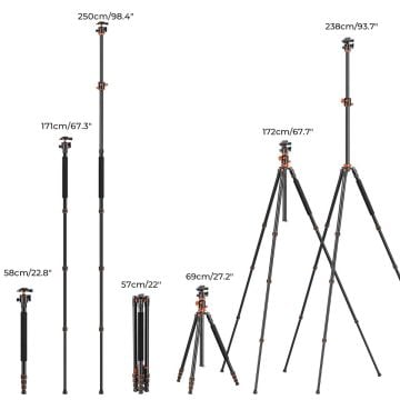 K&F Concept T254A8 Monopod Özellikli Tripod (239cm Uzunluk)