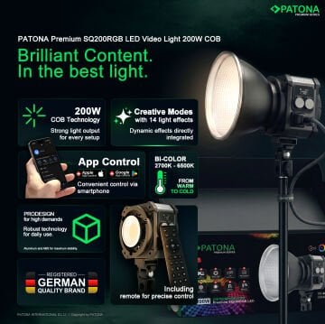 Patona 4172 Premium Sq200RGB Led-Video Işığı 200W Cob  ( Sert Taşıma Çantasıyla Birlikte )
