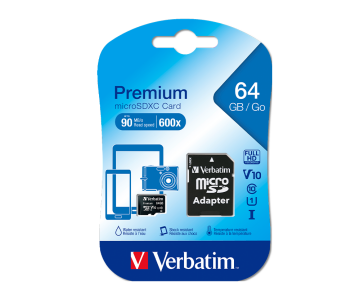 VERBATIM 44084 - 64GB 90MB/S PREMIUM U1 MICRO SDXC CLASS 10 (INC ADAPTOR)