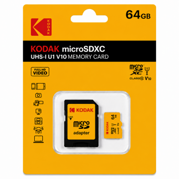 Kodak 64GB Micro SD UHS-I C10 U1 V10 Kart + Adaptör (Sarı)
