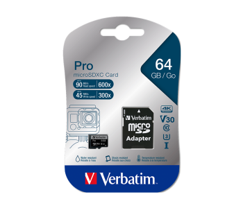 VERBATIM 47042 - 64GB PRO U3 MICRO SDXC CLASS 10 UHS-I (MIC ADAPTOR) (90MB/sn. - 45MB/sn.)