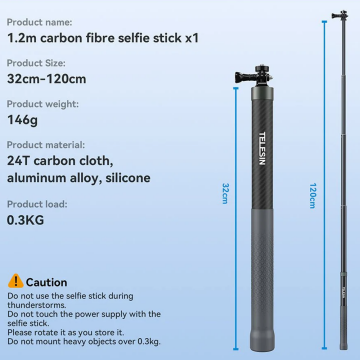 Telesin 1.2m Carbon Fiber Selfie Stick (Tüm Aksiyon Kameralar için)