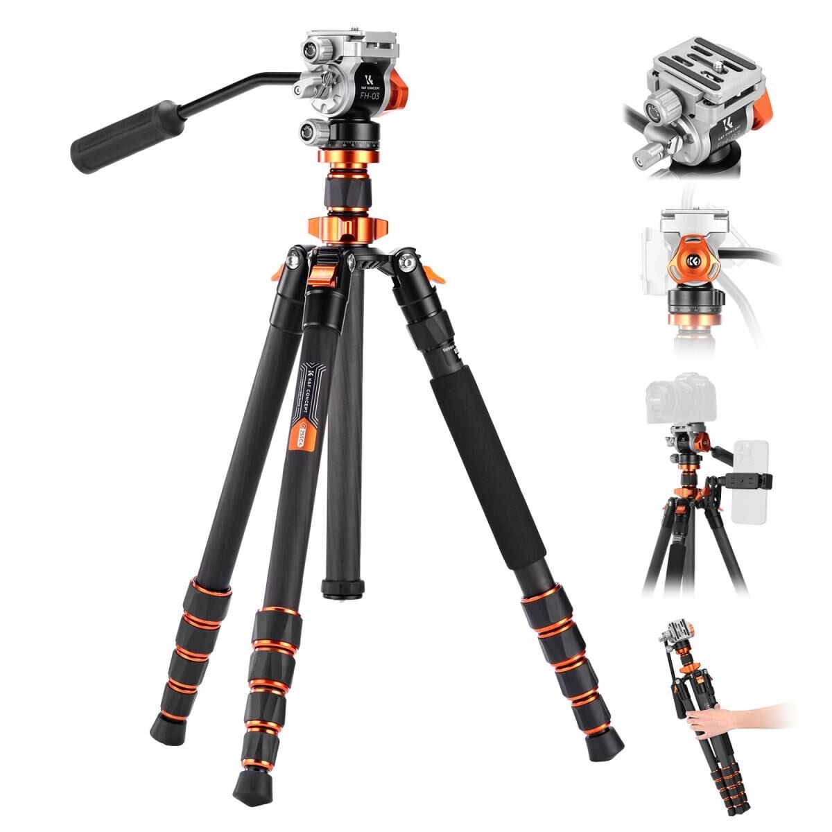 K&F Concept O255C4+FH-03 Carbon Fiber Video Tripod