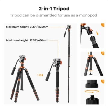 K&F Concept O255C4+FH-03 Carbon Fiber Video Tripod