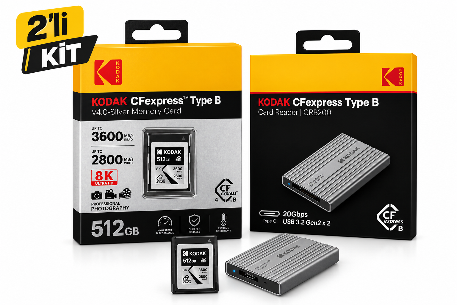 Kodak 512GB CF Express Type B 4.0 Hafıza Kartı (3600MB/s - 2800MB/s) + Kodak CFexpress Type B Kart Okuyucu | Profesyonel Performans Seti